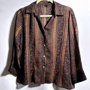 VTG Brown Moody Floral Striped Paisley Button Up Top Blouse XL Dark Academia